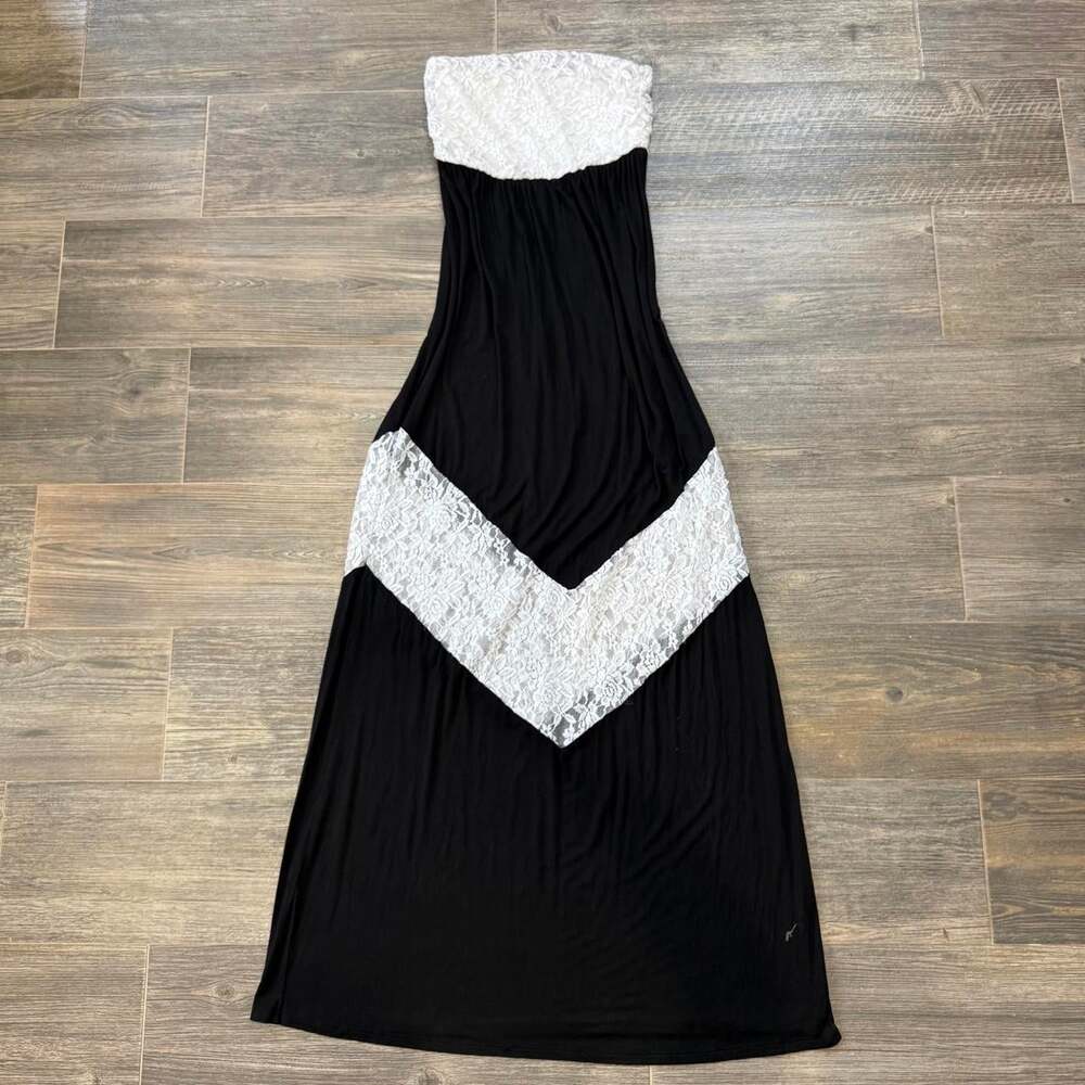 Cottage core whimsy Goth Indie strapless maxi dress with white lace